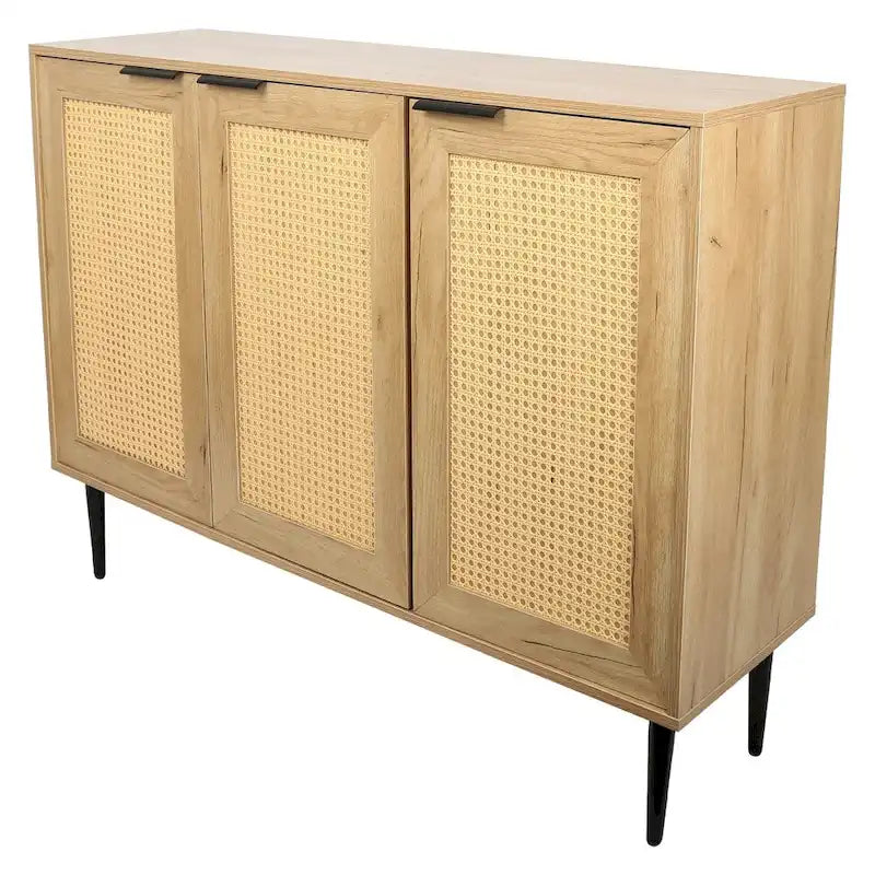 Meuble de rangement en bois avec 3 portes en rotin et 3 étagères