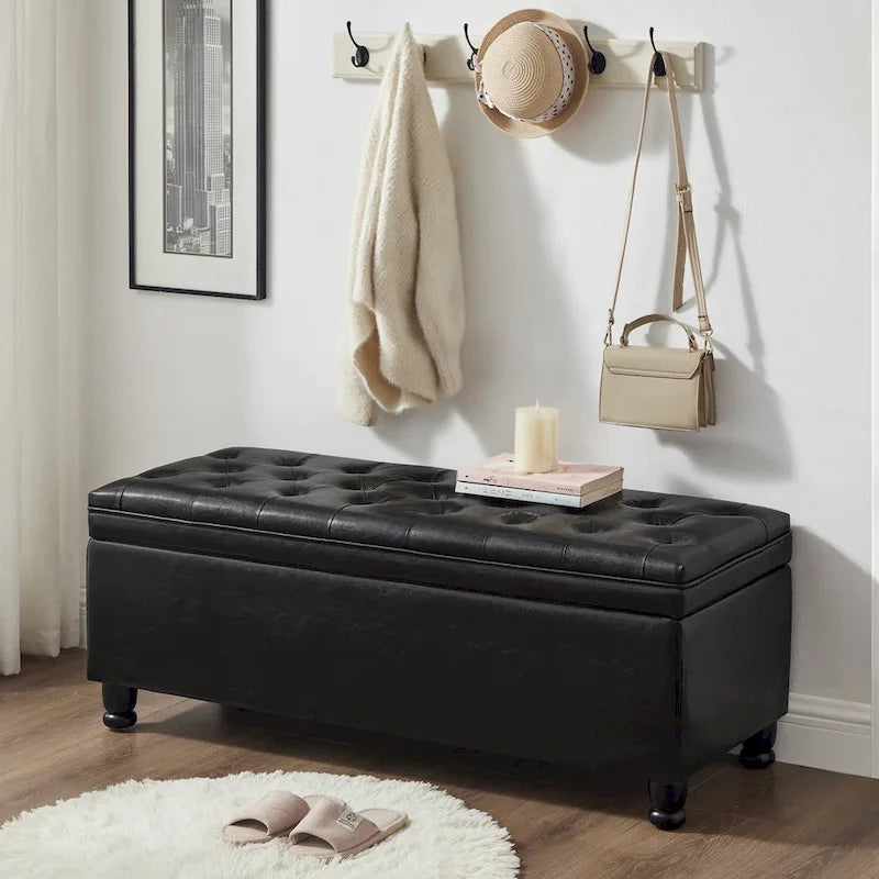 Banc ottoman de rangement en velours touffeté avec pieds en métal