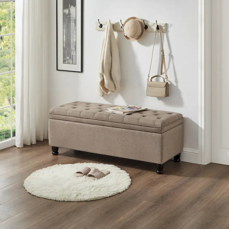 Banc ottoman de rangement en velours touffeté avec pieds en métal