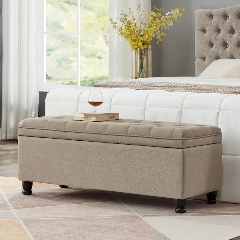 Banc ottoman de rangement en velours touffeté avec pieds en métal