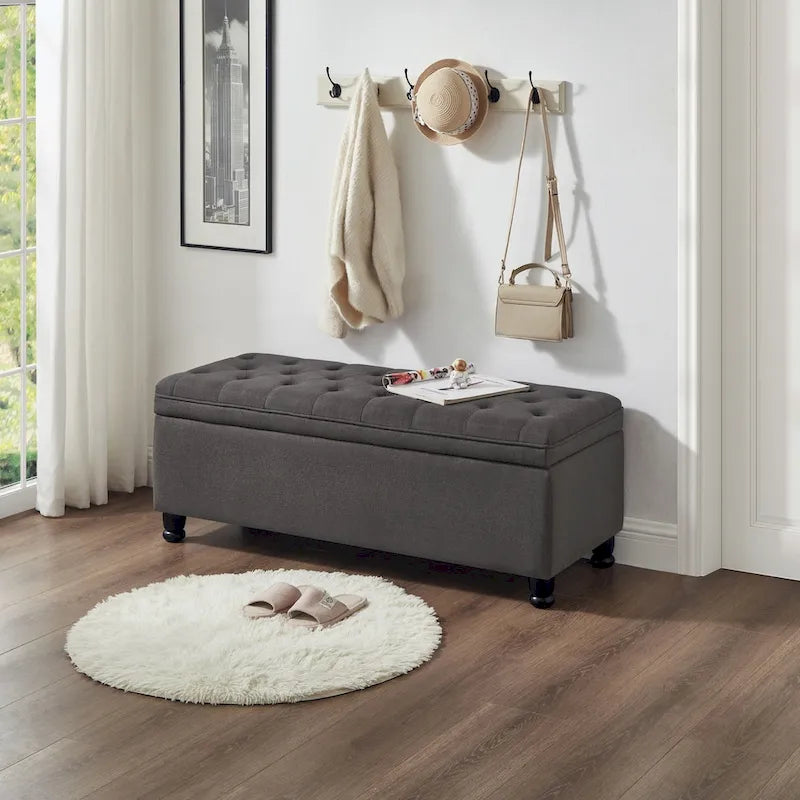 Banc ottoman de rangement en velours touffeté avec pieds en métal