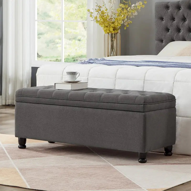 Banc ottoman de rangement en velours touffeté avec pieds en métal