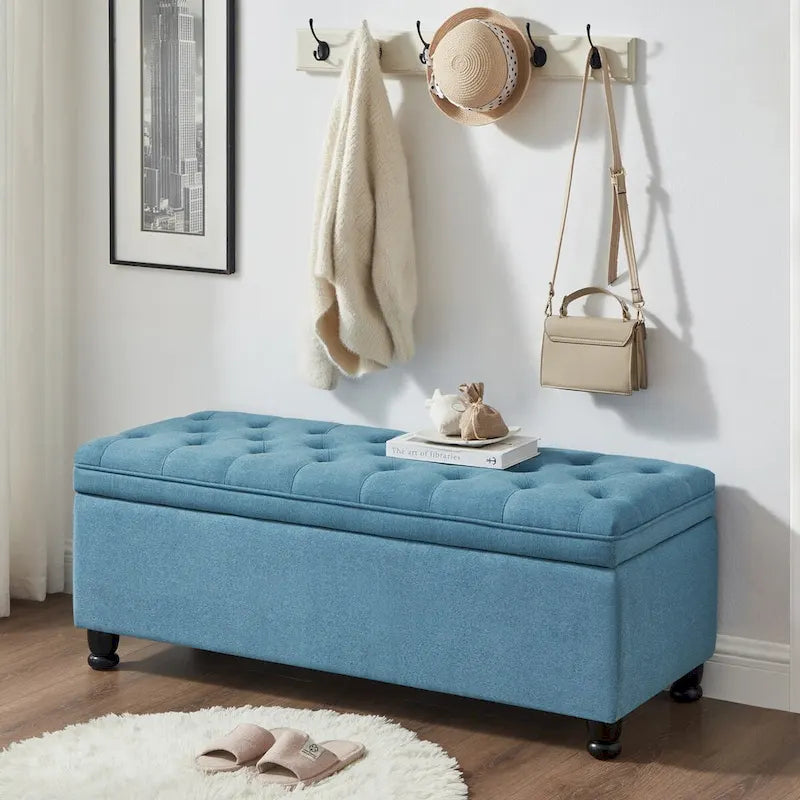 Banc ottoman de rangement en velours touffeté avec pieds en métal