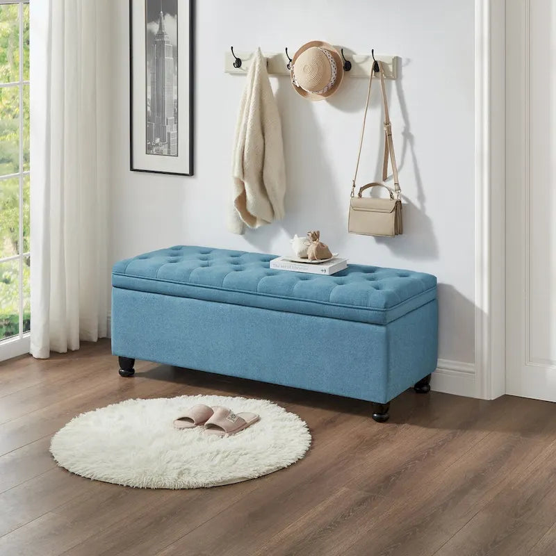Banc ottoman de rangement en velours touffeté avec pieds en métal