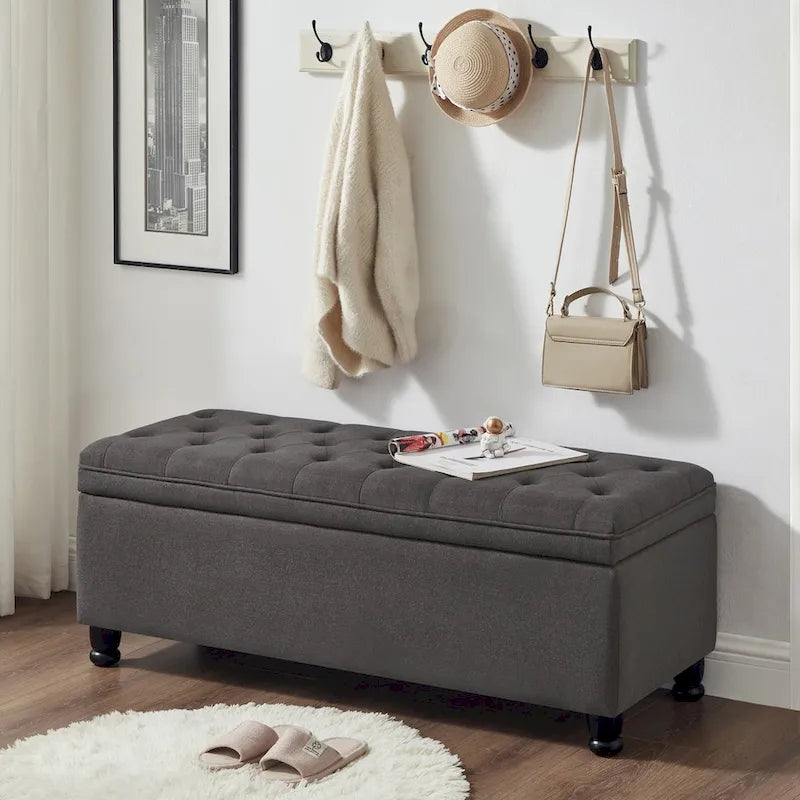 Banc ottoman de rangement en velours touffeté avec pieds en métal