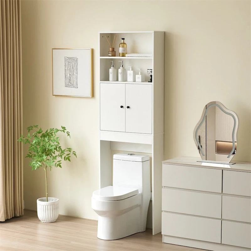Meuble de rangement pour toilettes avec portes coulissantes et étagères ouvertes