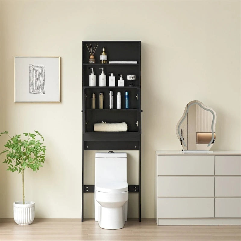 Meuble de rangement pour toilettes avec portes coulissantes et étagères ouvertes