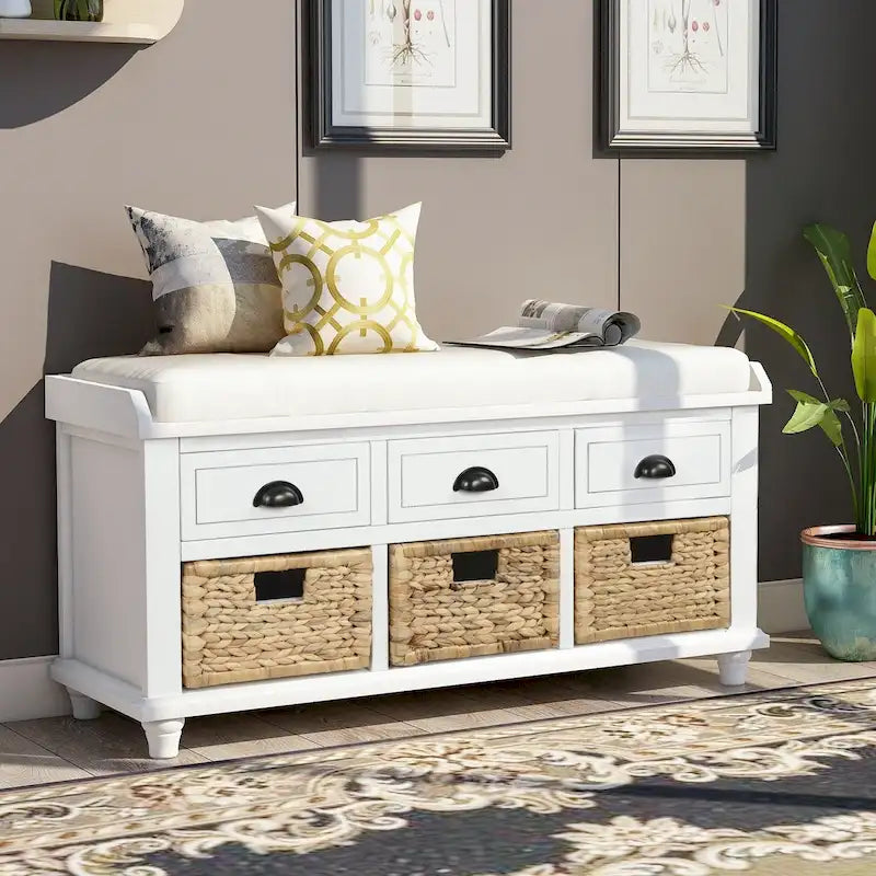 Banc de rangement avec 3 tiroirs et 3 paniers en osier