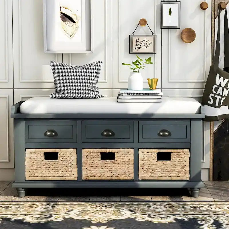 Banc de rangement avec 3 tiroirs et 3 paniers en osier