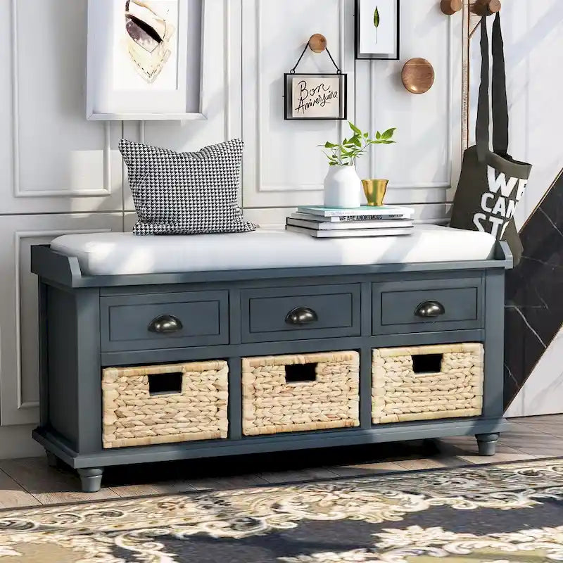 Banc de rangement avec 3 tiroirs et 3 paniers en osier
