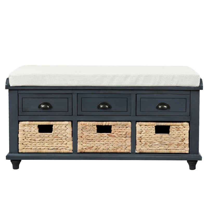 Banc de rangement avec 3 tiroirs et 3 paniers en osier