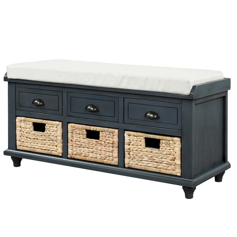 Banc de rangement avec 3 tiroirs et 3 paniers en osier