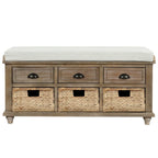 Banc de rangement avec 3 tiroirs et 3 paniers en osier