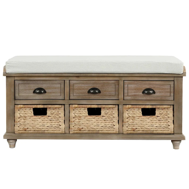 Banc de rangement avec 3 tiroirs et 3 paniers en osier