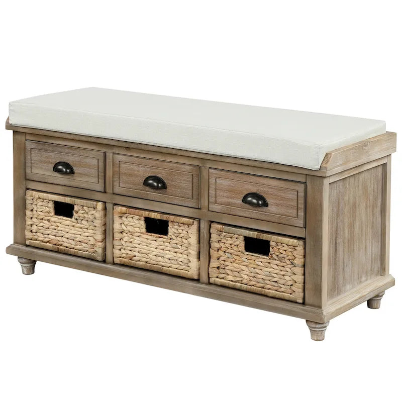Banc de rangement avec 3 tiroirs et 3 paniers en osier