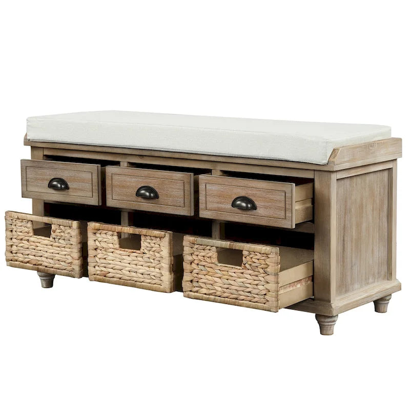 Banc de rangement avec 3 tiroirs et 3 paniers en osier
