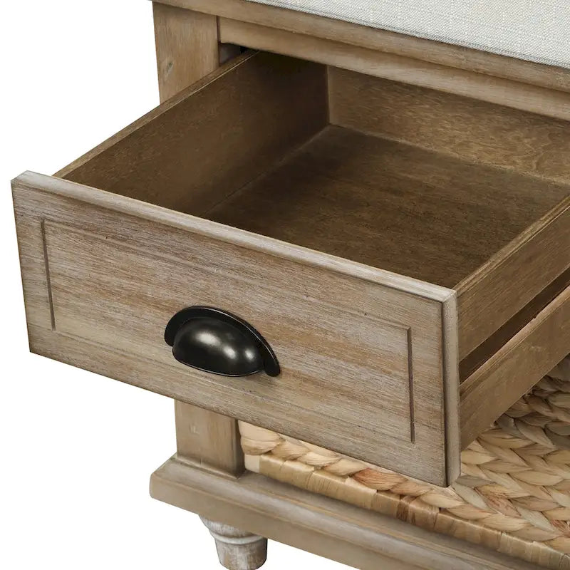 Banc de rangement avec 3 tiroirs et 3 paniers en osier