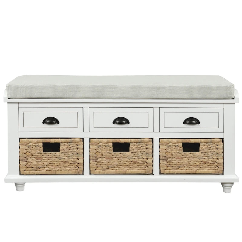 Banc de rangement avec 3 tiroirs et 3 paniers en osier