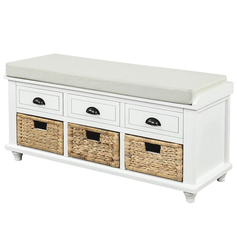 Banc de rangement avec 3 tiroirs et 3 paniers en osier
