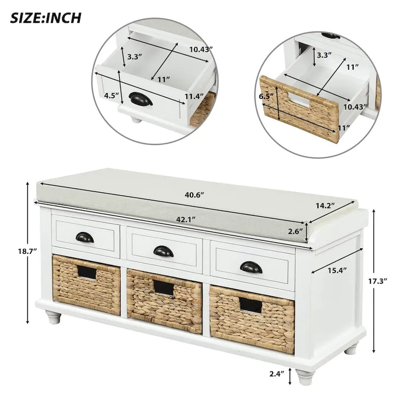 Banc de rangement avec 3 tiroirs et 3 paniers en osier