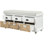 Banc de rangement avec 3 tiroirs et 3 paniers en osier