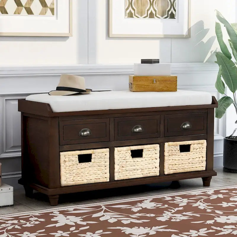 Banc de rangement avec 3 tiroirs et 3 paniers en osier