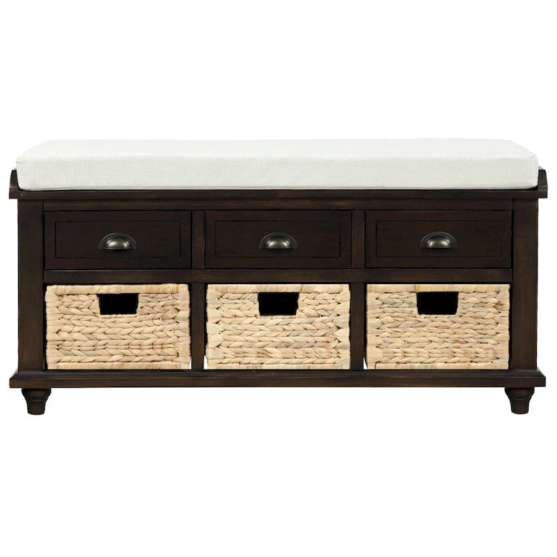 Banc de rangement avec 3 tiroirs et 3 paniers en osier