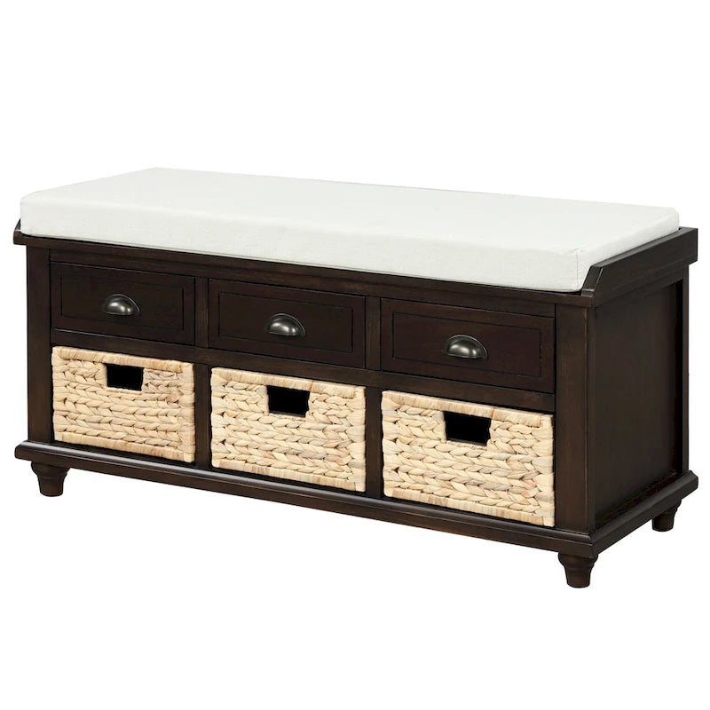 Banc de rangement avec 3 tiroirs et 3 paniers en osier