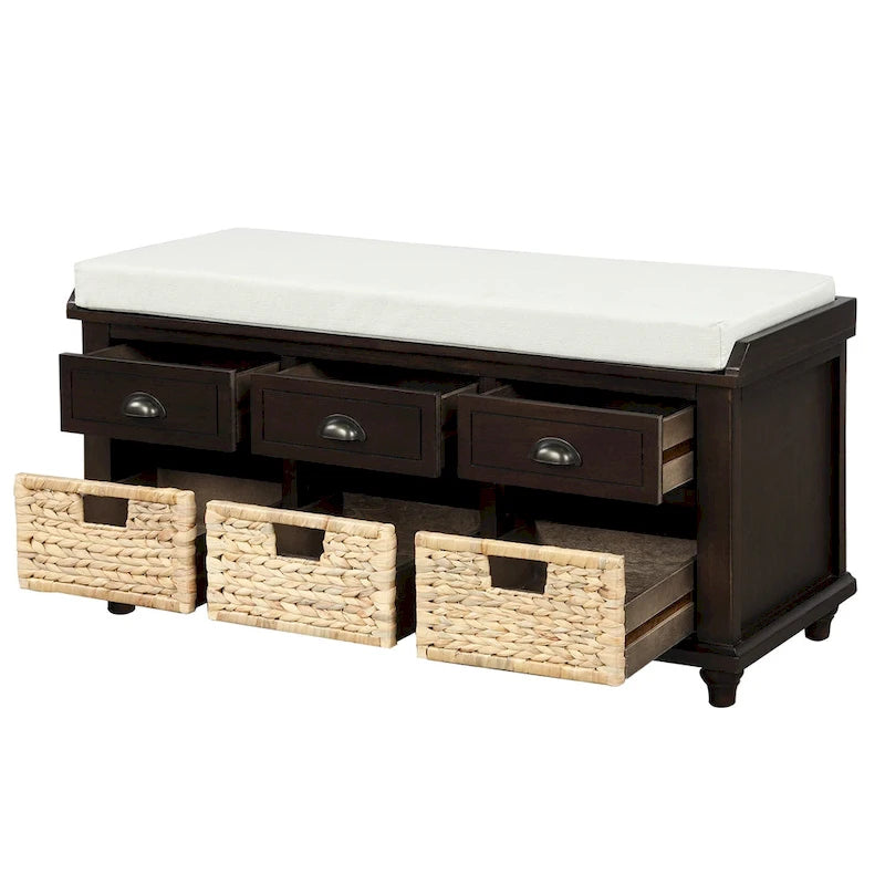 Banc de rangement avec 3 tiroirs et 3 paniers en osier