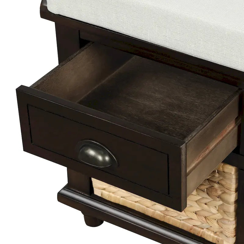 Banc de rangement avec 3 tiroirs et 3 paniers en osier